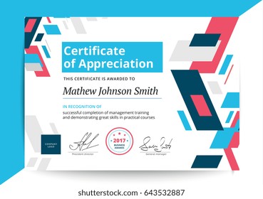 Certificate of appreciation template in modern design. Business diploma layout for training graduation or course completion. Vector background illustration.