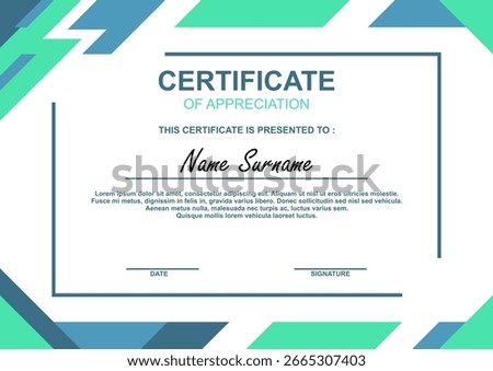 Certificate of appreciation template with modern geometric design in green and blue tones, ideal for awards and recognition.