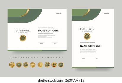 Certificate of appreciation template with modern green design. Editable vector layout with luxury award badges. Suitable for professional recognition, achievement, or course completion.