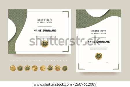 Certificate of appreciation template with modern green design. Editable vector layout with luxury award badges. Suitable for professional recognition, achievement, or course completion.