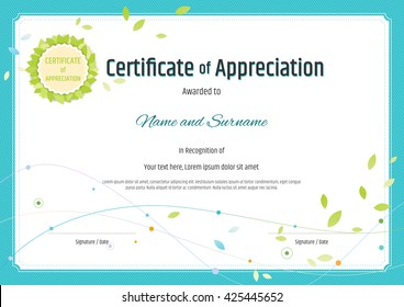 Certificate of appreciation template in nature theme with green leaf emblem vector
