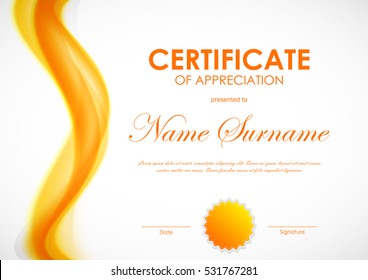 Certificate of appreciation template with orange dynamic bright soft smoky wavy background and seal. Vector illustration