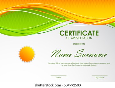 Certificate of appreciation template with orange and green wavy background and seal. Vector illustration