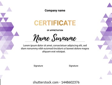 Certificate of appreciation template, purple color. Business diploma background for training graduation or course completion. Vector illustration. 