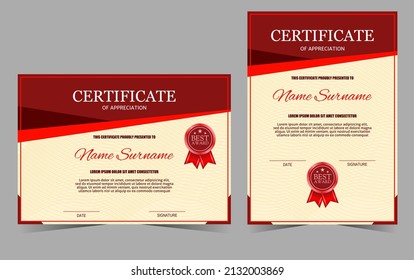 Certificate of appreciation template with red badge and border for award, diploma