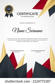 Plantilla de certificado de apreciación, color rojo. Certificado moderno limpio con insignia de oro. Plantilla de borde de certificado con diseño de línea de lujo y moderno. Plantilla de vector de negocio