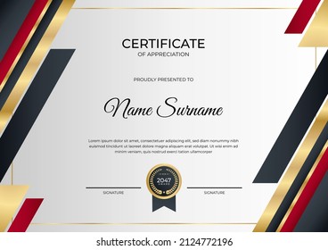 Certificate of appreciation template, red color. Clean modern certificate with gold badge. Certificate border template with luxury and modern line pattern. Business vector template