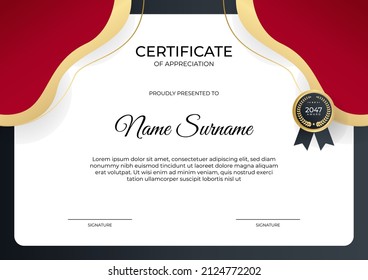 Certificate of appreciation template, red color. Clean modern certificate with gold badge. Certificate border template with luxury and modern line pattern. Business vector template