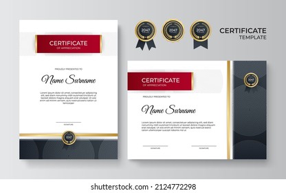 Certificate of appreciation template, red color. Clean modern corporate certificate with gold badge. Certificate border template with luxury and modern line pattern. Business vector template