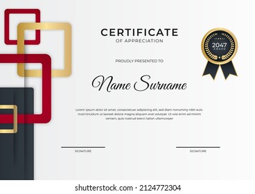 Certificate of appreciation template, red color. Clean modern corporate certificate with gold badge. Certificate border template with luxury and modern line pattern. Business vector template