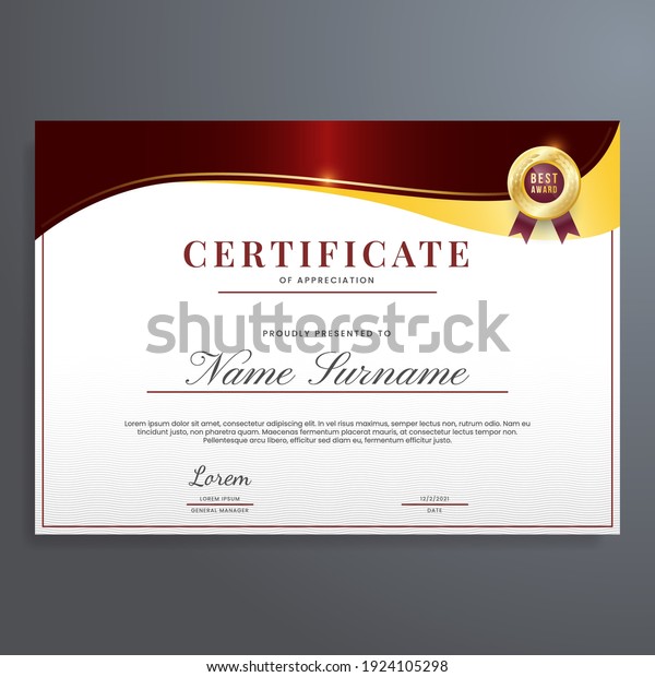 Certificate Appreciation Template Red Gold Color Stock Vector (Royalty ...