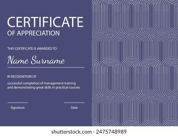 Certificate of appreciation template, simple corporate colors. Clean modern certificate with geometric elements.