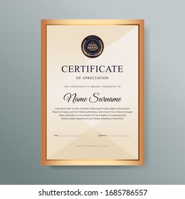 Dibujo vectorial de plantilla de certificado de apreciación.Diseño moderno de lujo en oro moderno.