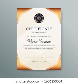 Dibujo vectorial de plantilla de certificado de apreciación.Diseño moderno de lujo en oro moderno.