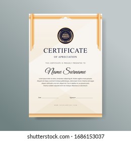 Certificate of Appreciation template vector illustration.Trendy modern gold luxury design style.