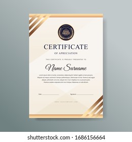 Certificate of Appreciation template vector illustration.Trendy modern gold luxury design style.