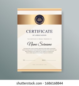 Certificate of Appreciation template vector illustration.Trendy modern gold luxury design style.