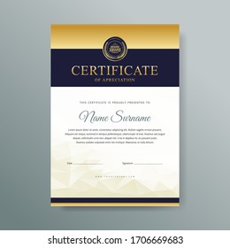Certificate of Appreciation template vector illustration.Trendy modern gold luxury design style.