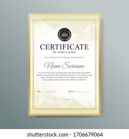 Certificate of Appreciation template vector illustration.Trendy modern gold luxury design style.