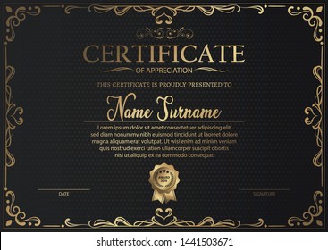 Certificate Of Appreciation Template With Vintage Gold Border - Vector 