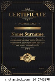 Certificate Of Appreciation Template With Vintage Gold Border - Vector 