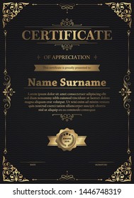 Certificate of appreciation template with vintage gold border - Vector 