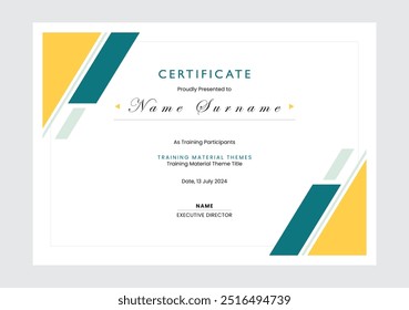 Certificate of appreciation template, yellow and green color. Clean minimalist certificate with blue badge. Certificate border template, Diploma vector template