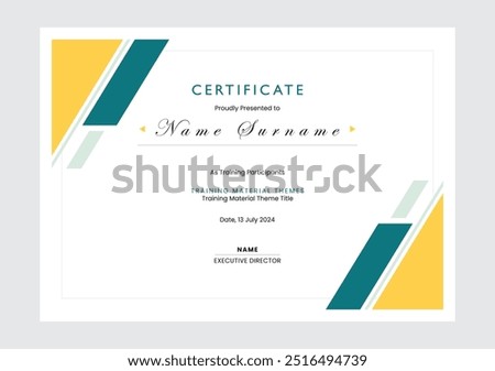 Certificate of appreciation template, yellow and green color. Clean minimalist certificate with blue badge. Certificate border template, Diploma vector template