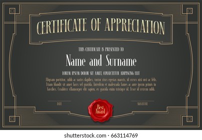 Certificate of appreciation vector design. Template illustration with retro style and ornate border for diploma of achievement