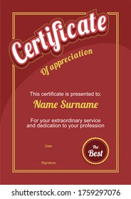 Certificate of appreciation. Vector graphic image.