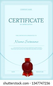 Certificate of appreciation vertical color vector template. Diploma layout with text space. Graduation document with red wax seal. Business and management course. University, college achievement