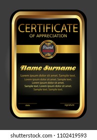 Certificate appreciation vertical template. Winning the competition. Black background with gold decorative elements. Vector illustration.