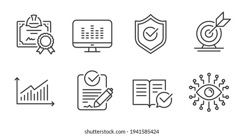 Certificate, Approved documentation and Approved shield icons set. Rfp, Music making and Graph signs. Vector