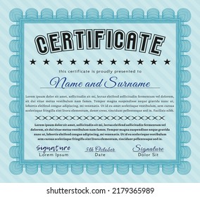Certificate.  Artistry design.  With guilloche pattern and background.    Light blue color.