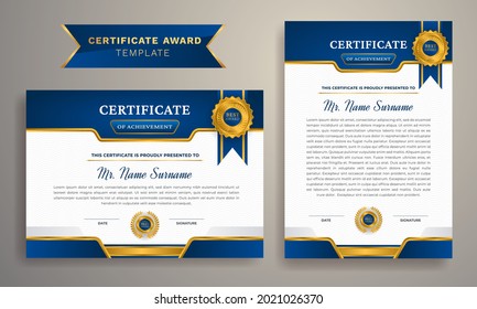 Certificate Award Design template with modern line pattern. Premium certificate of achievement template, gold and blue color. Clean modern certificate with gold badge. Diploma vector template