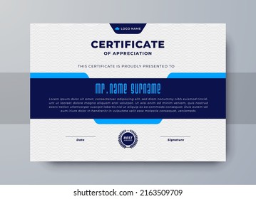 Certificate award diploma template in blue color, corporate certificate design.