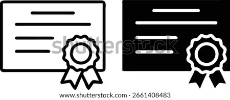 Certificate Award Icon Vector, Black White Diploma Badge Symbol, Achievement Document Illustration