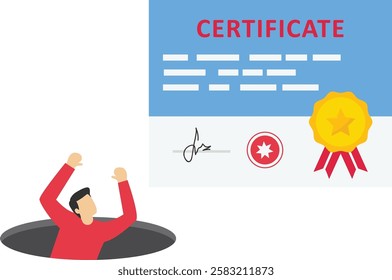 Certificate and award paper fell into a pit. Bad graduate. Unsuccessful laude. Bad review for product, rating to product. Vector illustration