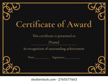 Certificate of Award Template Black Gold Scroll Border Vector