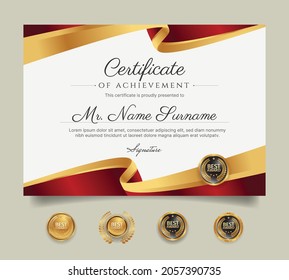 Certificate of award template, gold and red color with badges