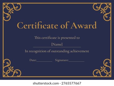 Certificate of Award Template Navy Blue Gold Scroll Border Vector