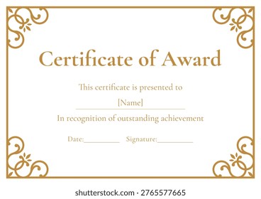 Certificate of Award Template White Background Gold Scroll Border Vector