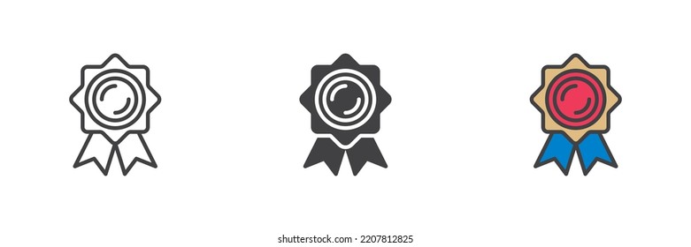 Certificate badge different style icon set. Line, glyph and filled outline colorful version, outline and filled vector sign. Symbol, logo illustration. Vector graphics
