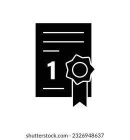 Certificate with badge warranty for first place glyph icon vector. Reward and achievement symbol stock illustration. Youth sport certificate icon for web or game interface. Prize for championship.