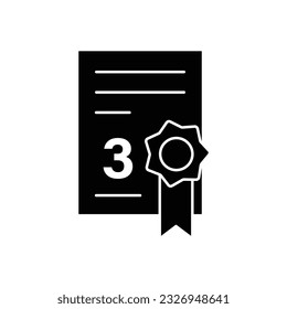 Certificate with badge warranty for third place glyph icon vector. Reward and achievement symbol stock illustration. Youth sport certificate icon for web or game interface. Prize for championship.