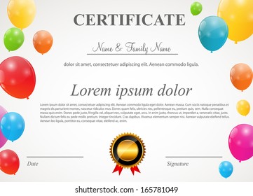 Certificate with balloons template vector illustration