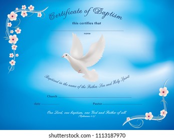 Certificate baptism template with dove and and flowery frame on blue background