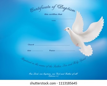 Certificate baptism template with dove on blue background