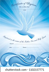 Certificate baptism template. With waves of water and dove multiple exposure