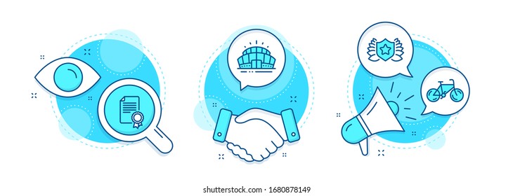 Certificate, Bicycle and Laureate line icons set. Handshake deal, research and promotion complex icons. Arena stadium sign. Diploma, Bike, Award shield. Sport complex. Sports set. Vector